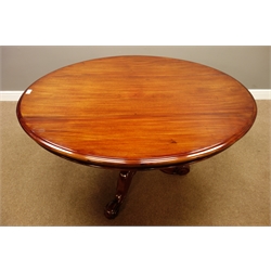  Victorian mahogany loo table, moulded oval tilt top on turned column base with three scrolled supports, 129cm x 98cm, H78cm  