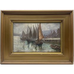 H W Beavan (British Early 20th century): Sailing Boats Moored in Whitby Harbour and Angler on Whitby Shore, pair oils on canvas signed one dated '08, 24cm x 39cm (2)