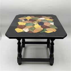 Square table with a specimen top comprised of assorted hardstones, marbles and minerals, raised upon four turned wooden legs, H45cm