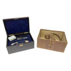 Rosewood box with blue velvet interior and leather travelling case containing Victorian and later jewellery including engraved silver link bracelet and locket, two gilt metal photo pendants, Omega automatic ladies wristwatch etc