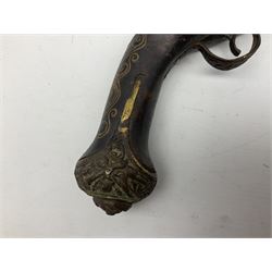 Reproduction flintlock pistol, the full walnut stock with brass filigree inlay and mounts and skull crusher butt L46cm; no visible proof marks FIREARMS CERTIFICATE REQUIRED OR RFD
