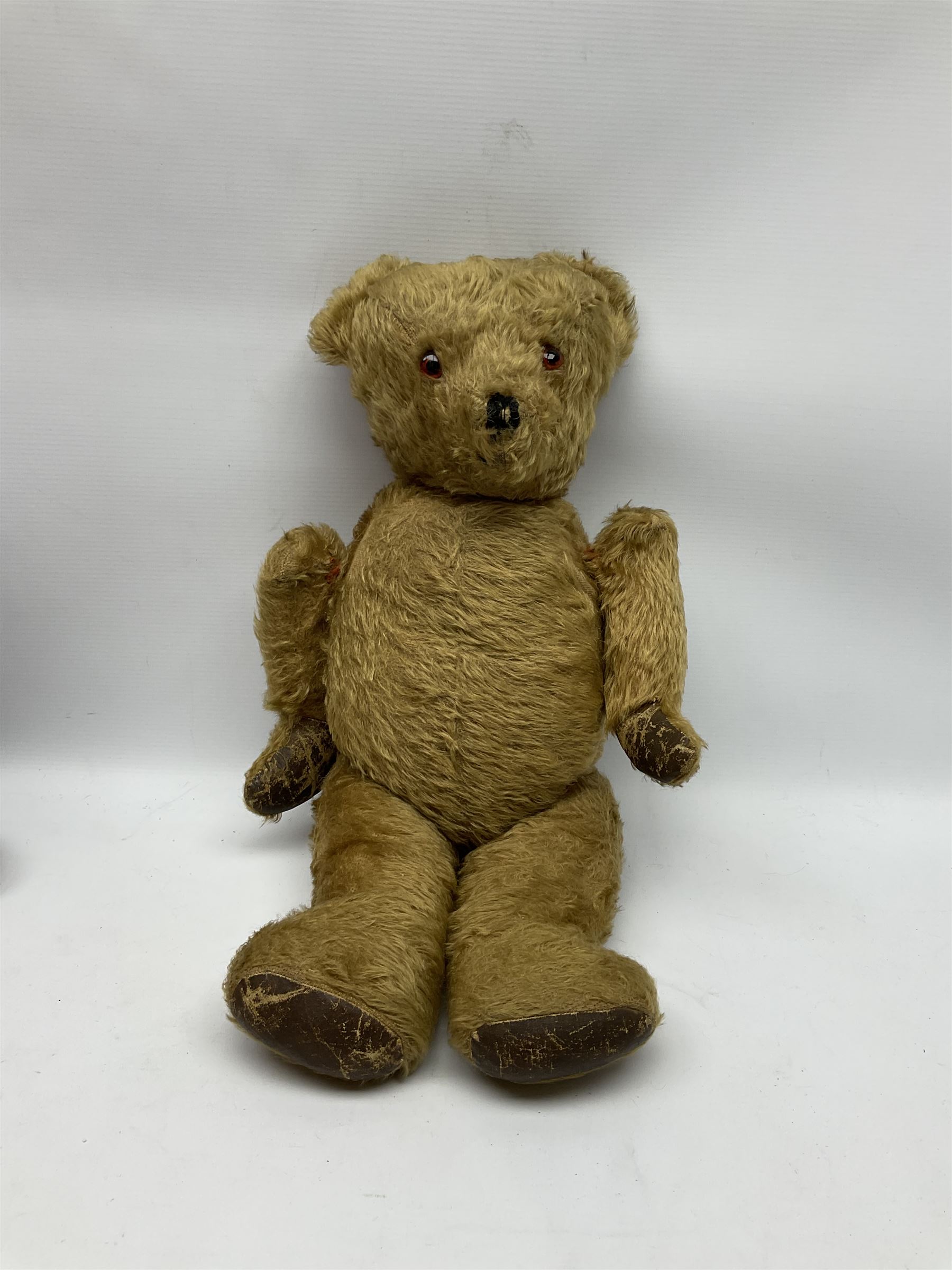 Mid-20th century plush covered teddy bear the revolving head with applied eyes, vertically stitched nose and jointed limbs with rexine pads H58cm; together with a leather backpack (2)