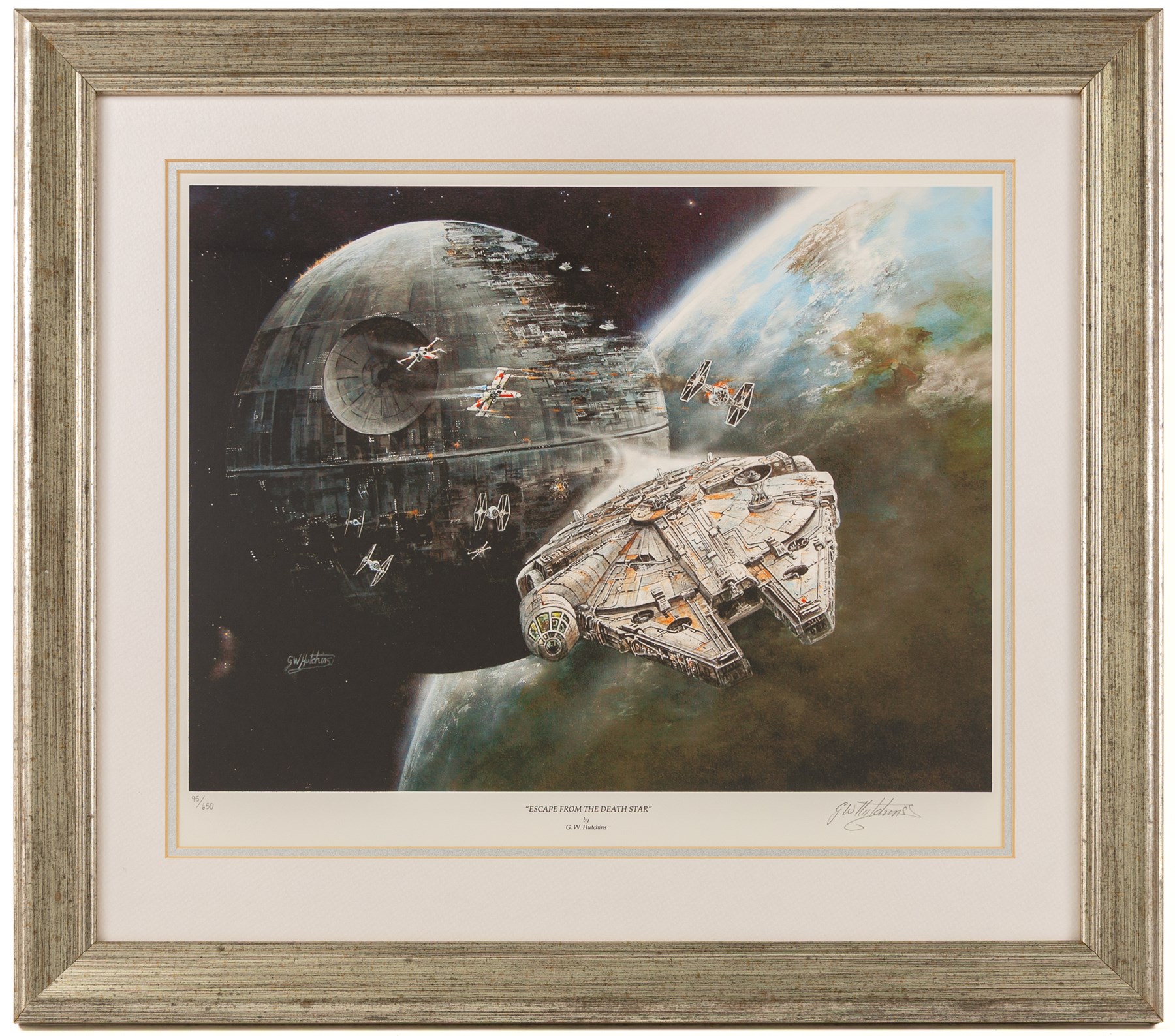 G.W. Hutchins: limited edition print 'Escape From The Death Star' signed by the artist, no. 95/650, framed with certificate of authenticity from Osbourne & Allen Ltd verso, artwork H30cm, W40cm