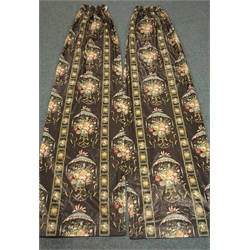  Pair Sanderson type curtains (W220cm, Drop - 211cm) another two pairs (W124, Drop - 234cm), and one Venetian blind (W56cm, Drop - 76cm), black ground with floral and botanical repeating pattern  
