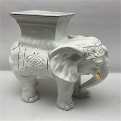 White glazed elephant jardiniere stand; Capo di Mote table centre-piece; and French game-pie dish