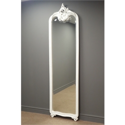  White finish ornate carved wood full length mirror, scrolled cartouche pediment, H210cm  