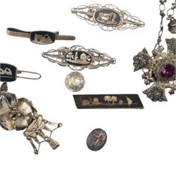 Silver fancy link bracelet, stone set jewellery including cross pendant necklace, silver thimble, Siam silver bracelet and brooches