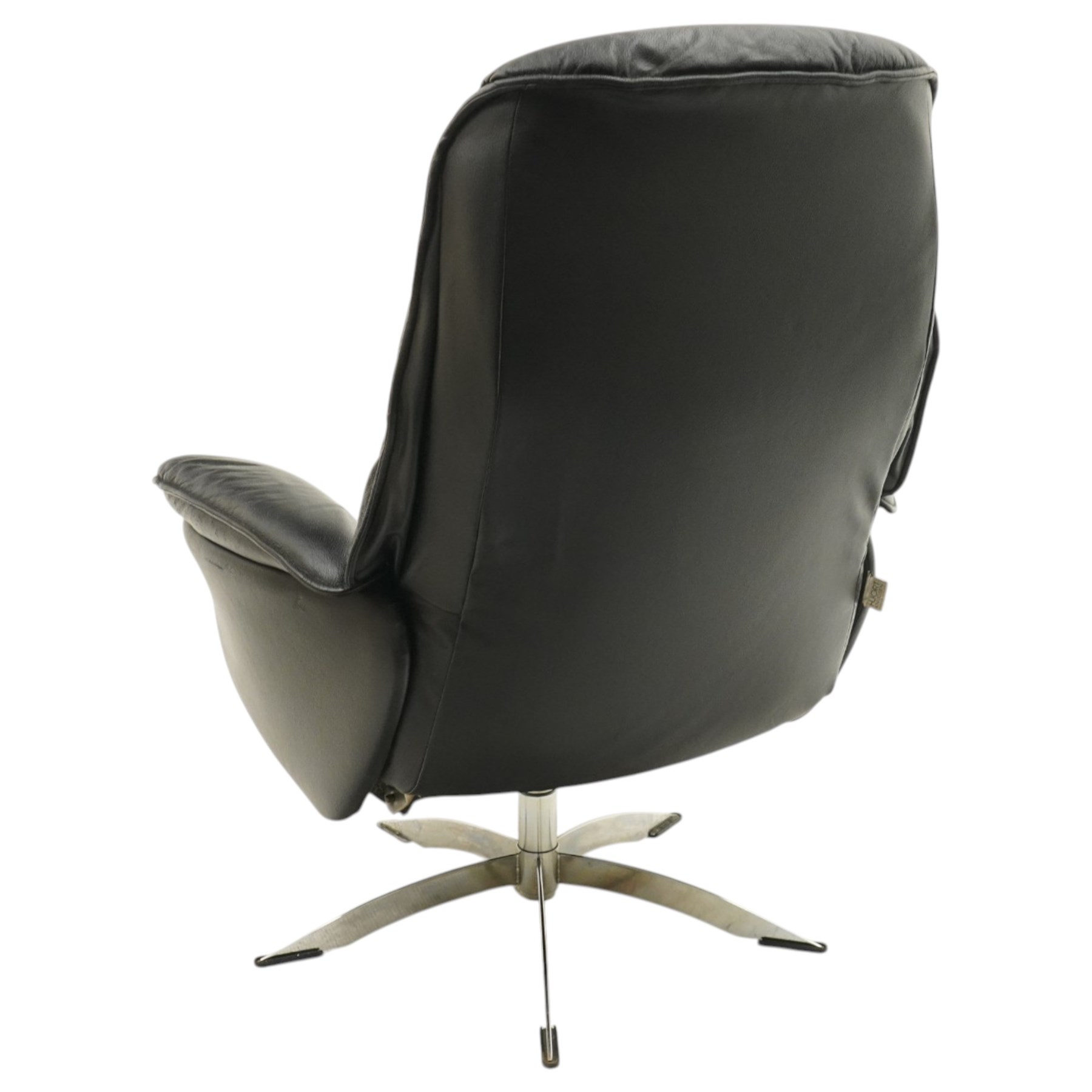 Hjort Knudsen - Danish swivel armchair or desk chair, high back over swept arms, upholstered in black leather, raised on a five-spoke chrome base with swivel action