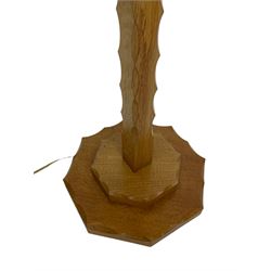 Yorkshire oak - standard lamp, tapered square stem with incised edge decoration, on stepped octagonal base with further incised decoration