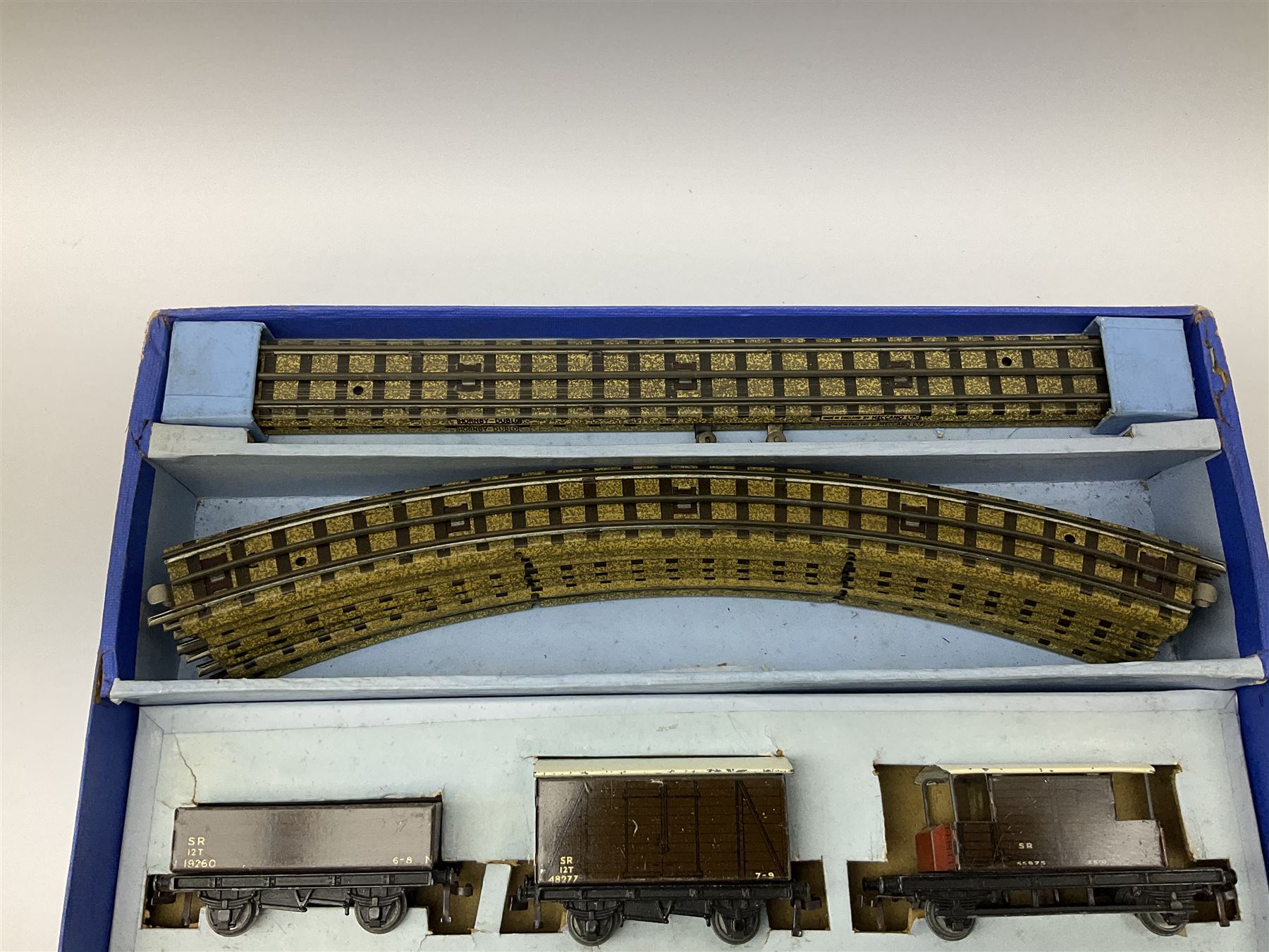 Hornby Dublo - three-rail EDG7 Tank Goods Train set with Southern Railway 0-6-2 tank locomotive in unlined malachite green livery No.2594, two wagons and guards van, quantity of straight and curved  track and controller with tested ticket, boxed with small label to lid.