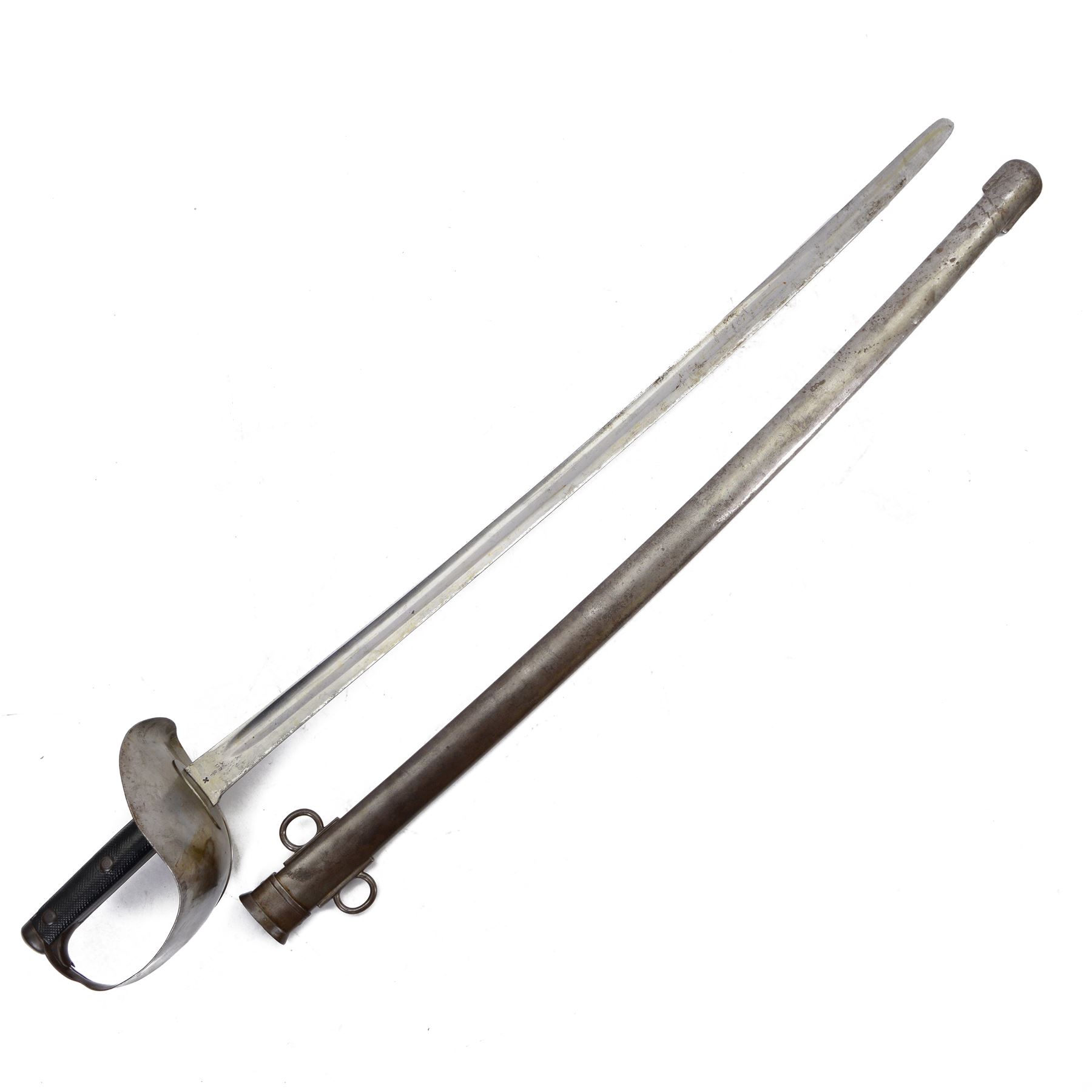 British 17th Lancers, Duke of Cambridge Own, 1899 cavalry sword, with L83cm single-edged slightly curved blade, top of blade etched '30E', broad sheet steel bowl hilt with chequered black leather grip scales, the steel two ring scabbard engraved 2/09 O.T.C , overall L104cm