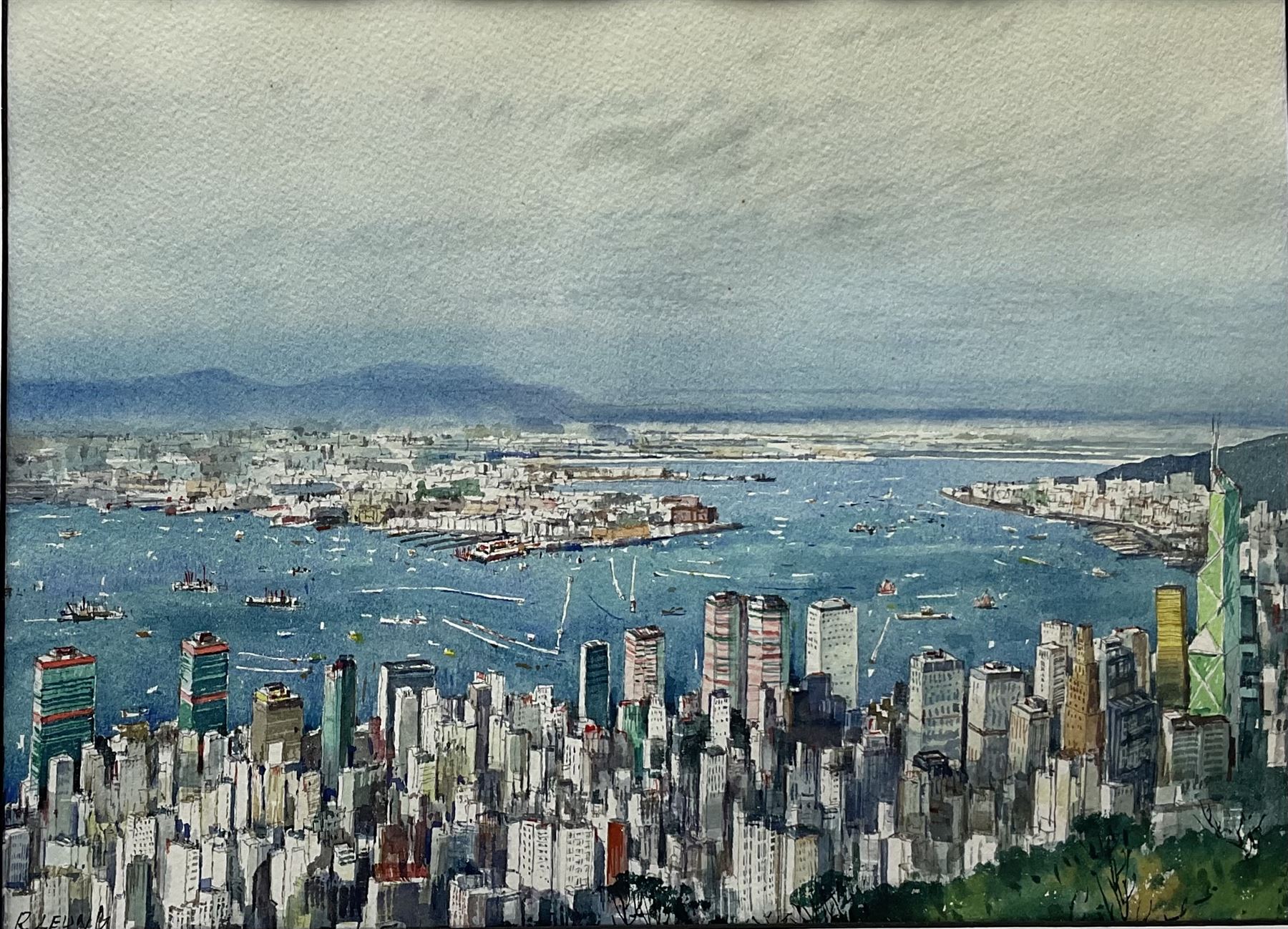 Richard Leung (Cantonese 1961-): View over Hong Kong Harbour, watercolour signed 26cm x 36cm