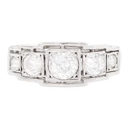 Art Deco white gold diamond ring, five milgrain set graduating old cut diamonds, in a square openwork setting, stamped 18ct, total diamond weight approx 0.80 carat