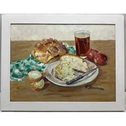 Catherine Tyler (British 1949-): 'Still Life - Ploughman's Lunch', oil on board signed, titled verso 47cm x 63cm
