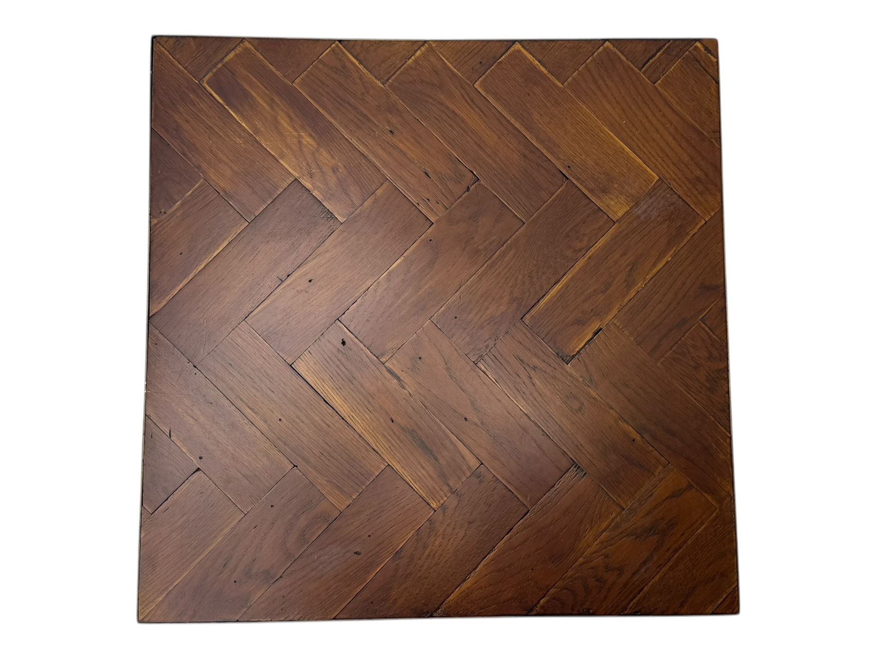 House of Fraser - contemporary parquet display stand, square herringbone-patterned wooden top over a patinated metal base