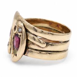 Edwardian 9ct rose gold garnet and diamond double coiled snake ring, set with rose cut diamonds and pear cut garnet, Chester 1907
