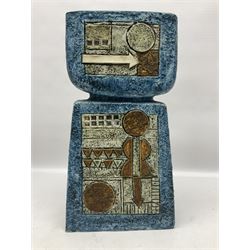 Large Troika double base vase, decorated with geometric design upon a blue ground, designed by Annette Walters, with painted marks beneath, H36cm  