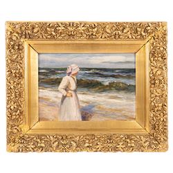 Robert Jobling (Staithes Group 1841-1923): Staithes Fishergirl Looking Out to Sea, oil on canvas signed 25cm x 35cm