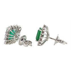 Pair of 18ct white gold emerald and round brilliant cut diamond cluster stud earrings, stamped 18K, total emerald weight approx 3.80 carat, total diamond weight approx 1.40 carat