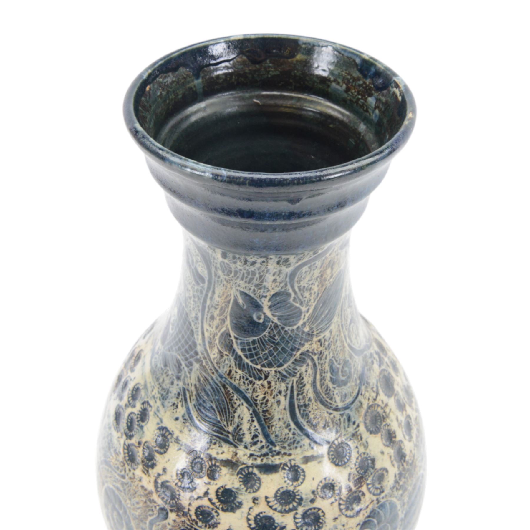 John Egerton (c1945-2024): studio pottery stoneware vase of baluster form, decorated with fish, mermaids and ammonites upon a blue ground, H56cm 
