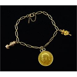 9ct gold rectangular link chain bracelet, with 1912 gold full sovereign with soldered mount, gold Lincoln imp and gold bust head charms, both stamped 9ct etc
