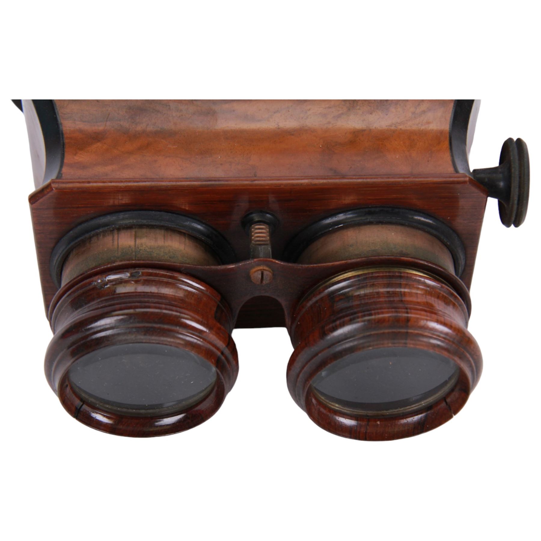Early 20th century Brewster pattern stereo viewer in burr walnut finish, together with twenty one slides of Parisian scenes