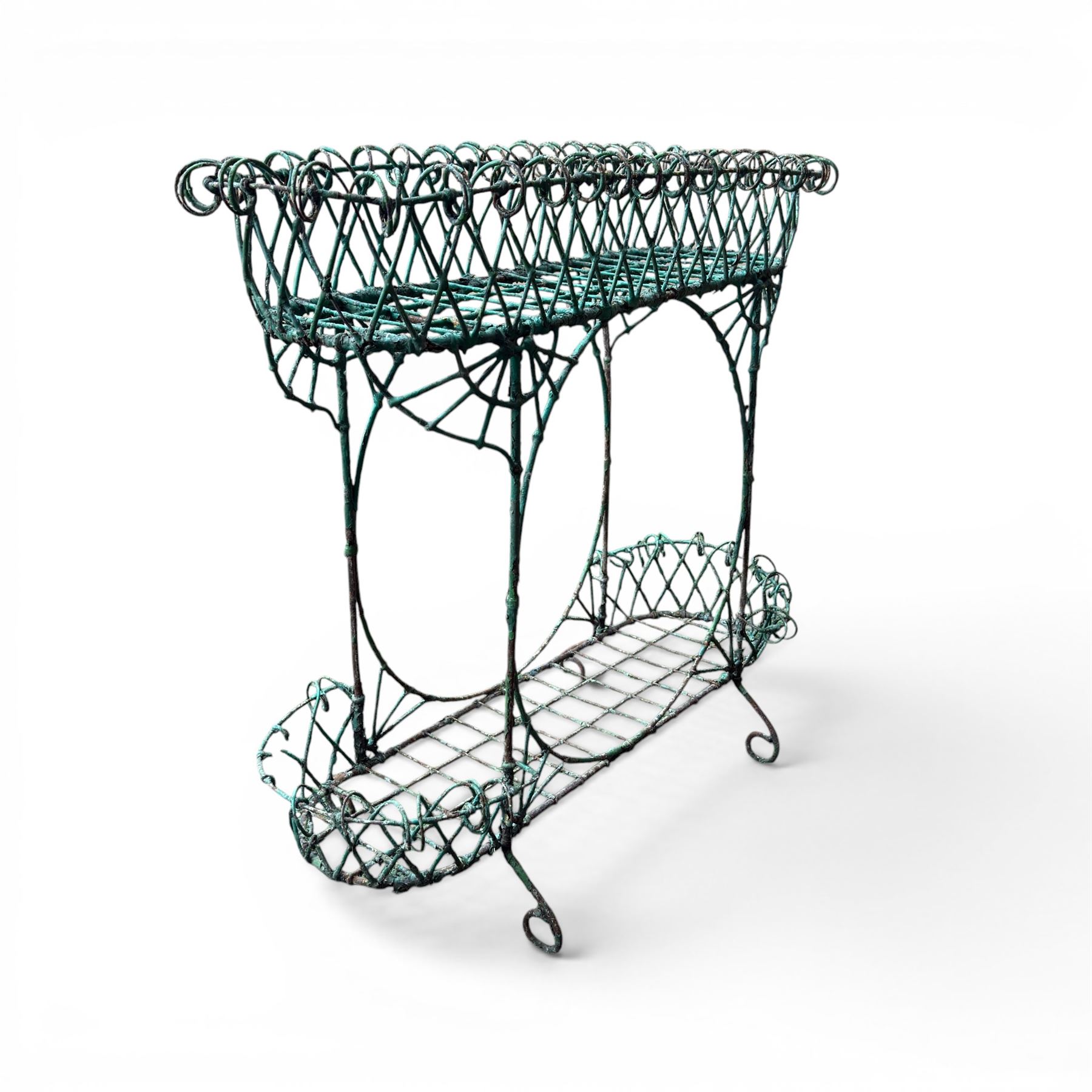 Victorian country house ornate wirework basket conservatory or garden planter, two tier form with oval centre