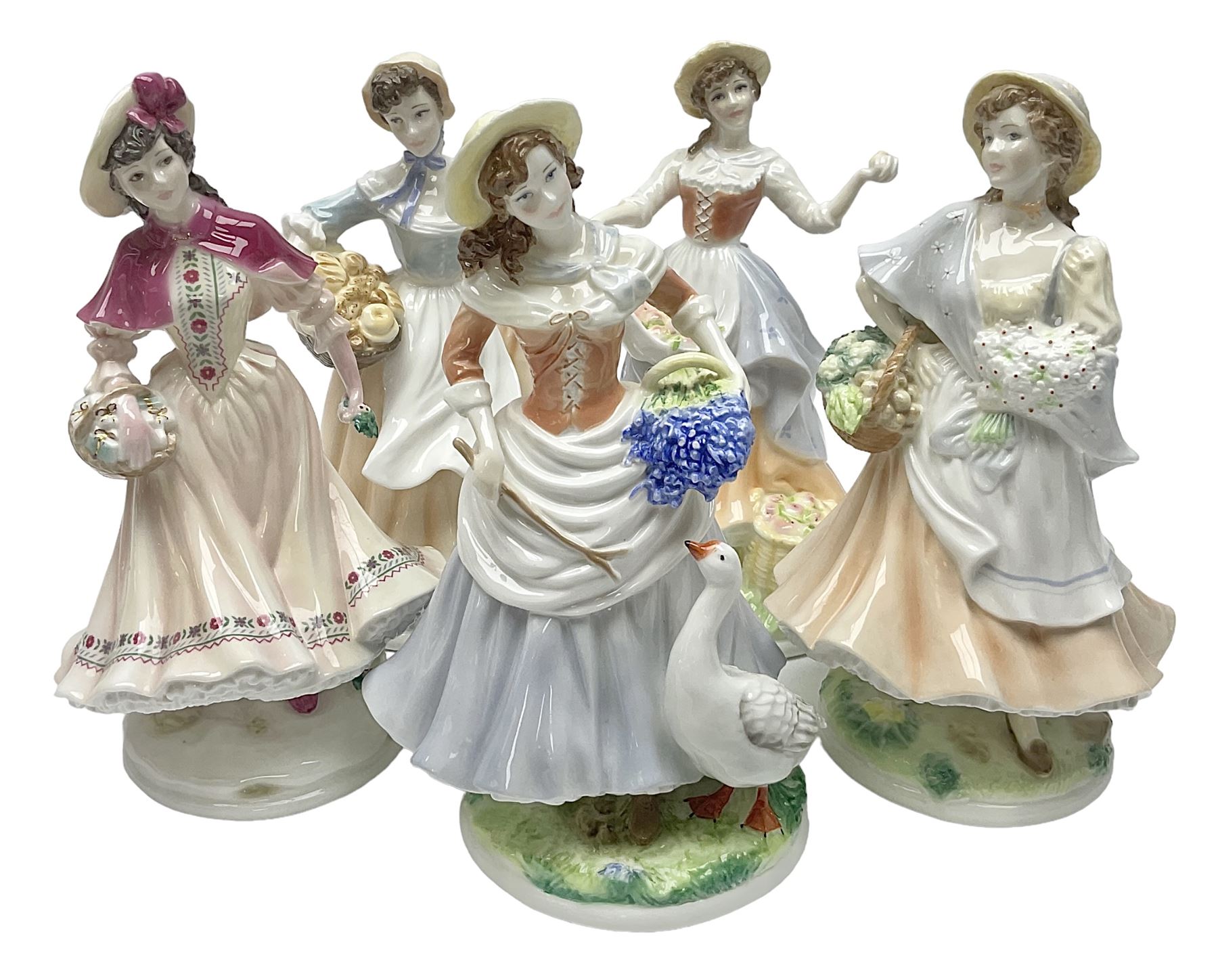 Five Royal Worcester figures, comprising Market Day, Noelle, Bakers Wife, Goose Girl and Fruit Picking, all with printed marks beneath and some with certificates of authentication  