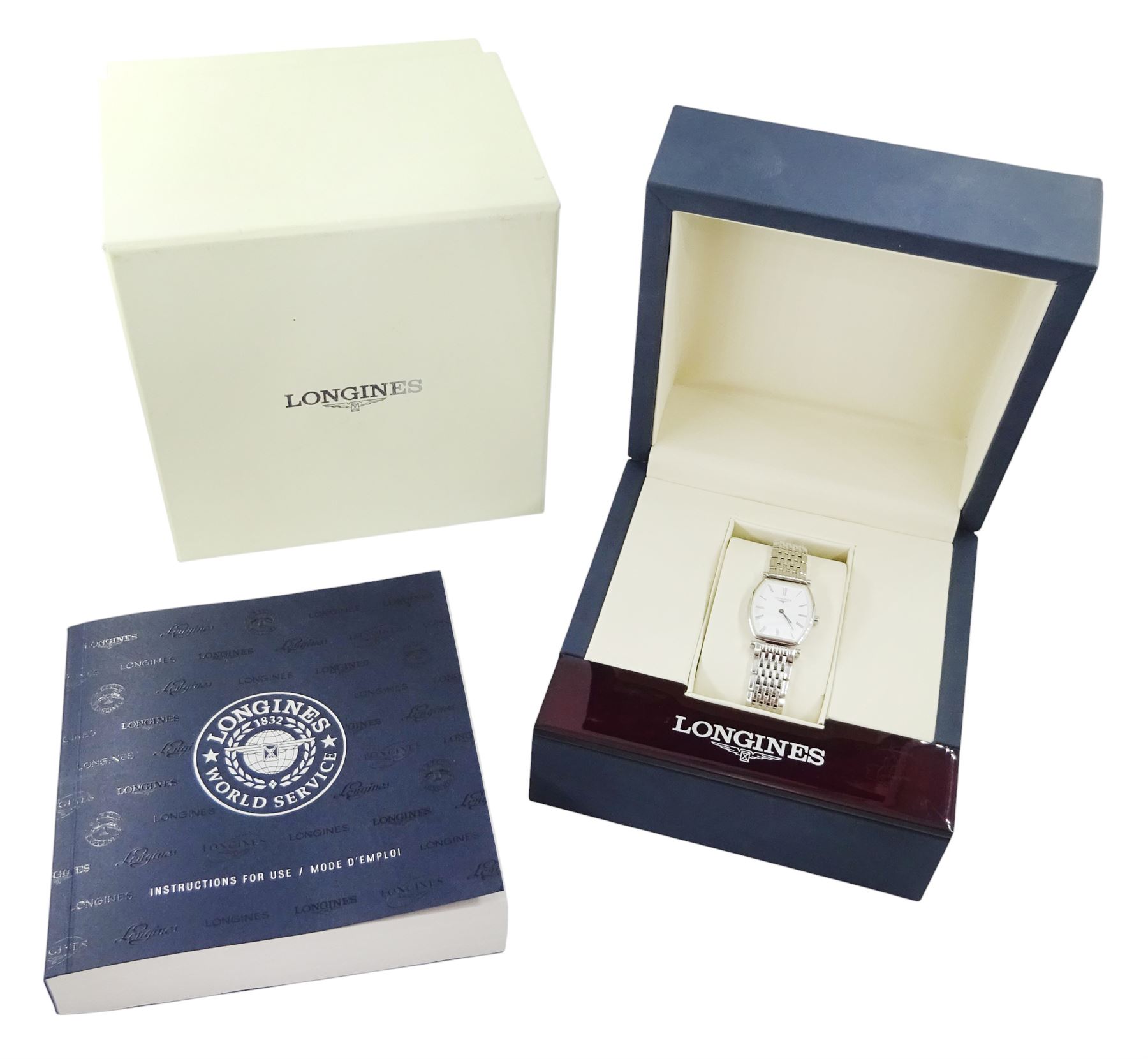 Longines La Grande Classique ladies stainless steel quartz wristwatch, Ref. L4 205 4, white dial with Roman numeral hour markers, on stainless steel bracelet, with fold-over clasp, boxed with guarantee card dated 2014