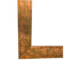 Large copper framed mirror, rectangular bevelled plate, the wide stepped frame with an iridescent finish