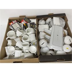Large collection of paints and accessories for decorating pottery and ceramics, together with plain white ceramics for painting, in five boxes  