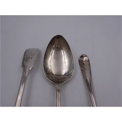 George III Newcastle silver Old English pattern table spoon, hallmarked Thomas Watson, Newcastle 1802, together with a George IV silver fiddle pattern table spoon, engraved with monogram, hallmarked Phillip Phillips, London 1828 and a silver Hanoverian pattern dessert spoon