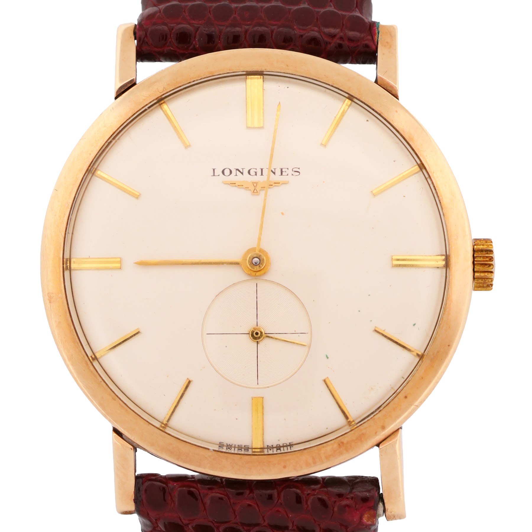 Longines gentleman's 9ct gold manual wind presentation wristwatch, Cal. 19.4, silvered dial with baton hour markers and subsidiary seconds dial, London 1960, on burgundy lizard strap
