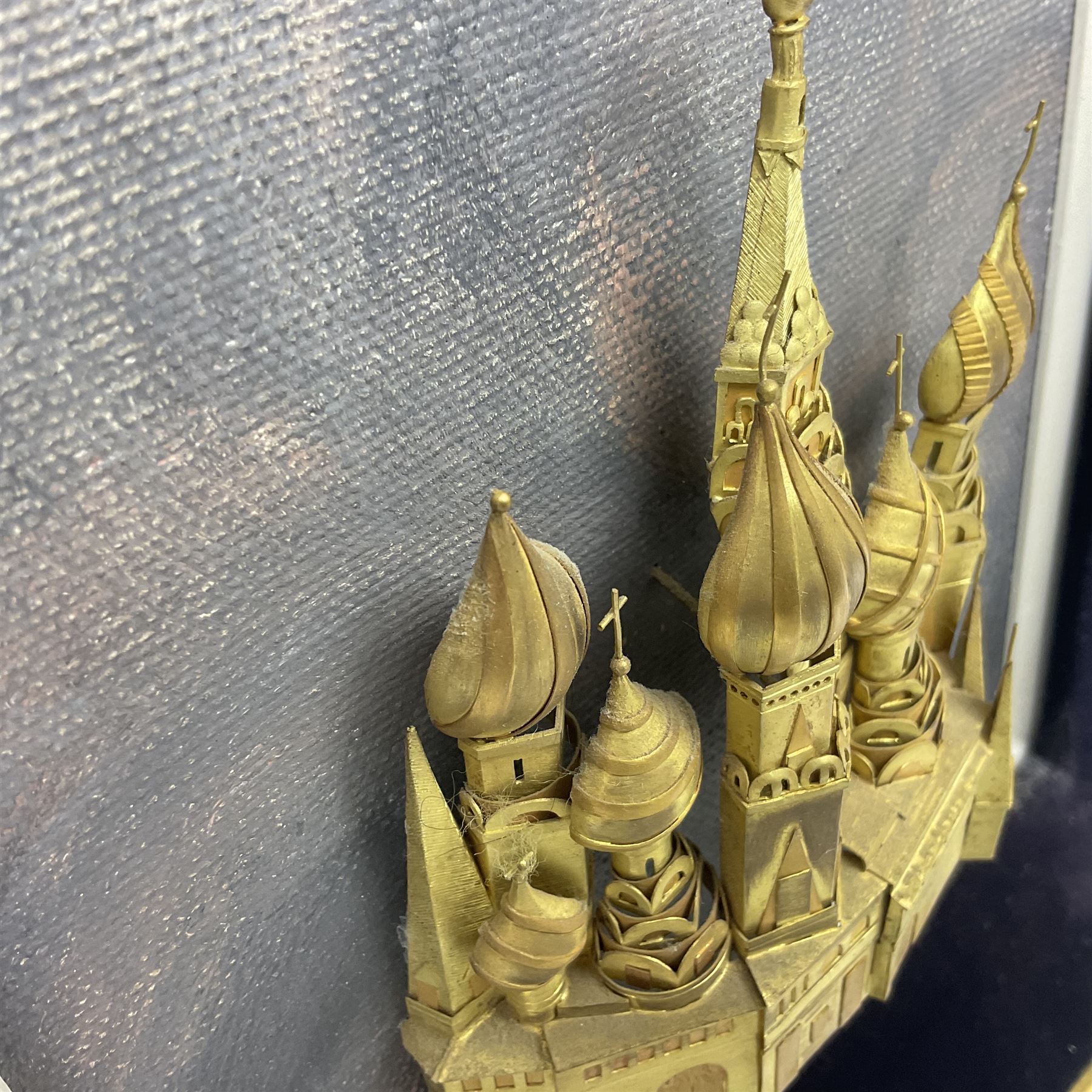 William Tolliday yellow metal study of a Russian Church, upon painted background within velvet and gilt wood frame, signed and dated to corner, H31cm