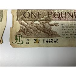 United Kingdom of Great Britain and Ireland Bradbury third issue ten shillings ‘B79 No. 027924’, Fisher second issue one pound ‘E1 92 No. 844345’ and two Fisher ten shillings banknotes 