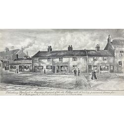 Frederick Schultz Smith (Hull 1860-1925): 'Vanishing Newland' - Hull Street Scene, monochrome watercolour and ink signed, titled extensively inscribed and dated 1908 along the bottom edge 22cm x 40cm 
Notes: Born in Worthing, Sussex in 1860, F S Smith came to Hull as a small child and lived most of his life in the old St. John's Wood area in west Hull; he was still drawing in his sixties shortly before his death in 1925. Much like his near contemporary and fellow Yorkshire artist Albert Thomas Pile (1882-1981), his drawings are visual 'snapshots' in time, often produced to record buildings that were due to be demolished. Smith was commissioned to produce around three hundred drawings for C E Fewster, a paint maker in Hull who collected historical records. Some were also used as illustrations in books and newspapers, such as the Eastern Morning News, whilst others were sold to the owners of premises which he had drawn.