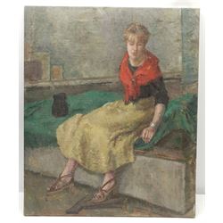 Constance Anne Parker (British 1921-2016): Young Lady at her Bedside, oil on canvas signed verso 76cm x 62cm