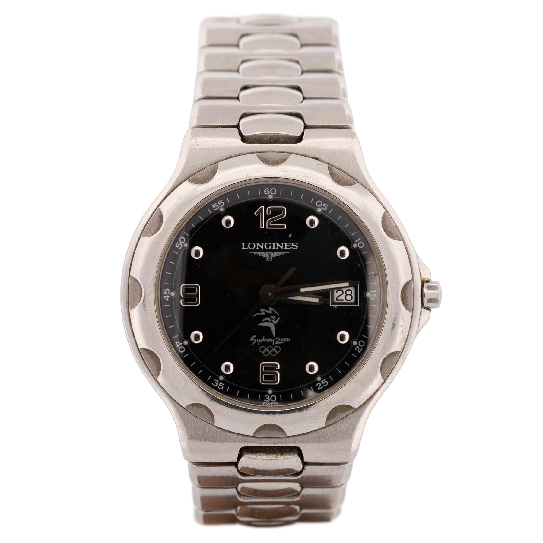 Longines Conquest Sydney 2000 Olympic Games gentleman's stainless steel quartz wristwatch, Ref. L1.633.4.96.6, black dial with Arabic and dot hour markers and date aperture, on stainless steel bracelet, with fold-over clasp, boxed with guarantee card dated 2002