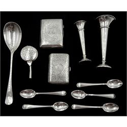Set of five silver teaspoons by C W Fletcher & Son Ltd, Sheffield, two silver cigarette cases, silver spoon tow specimen vases and a silver tea strainer, all hallmarked