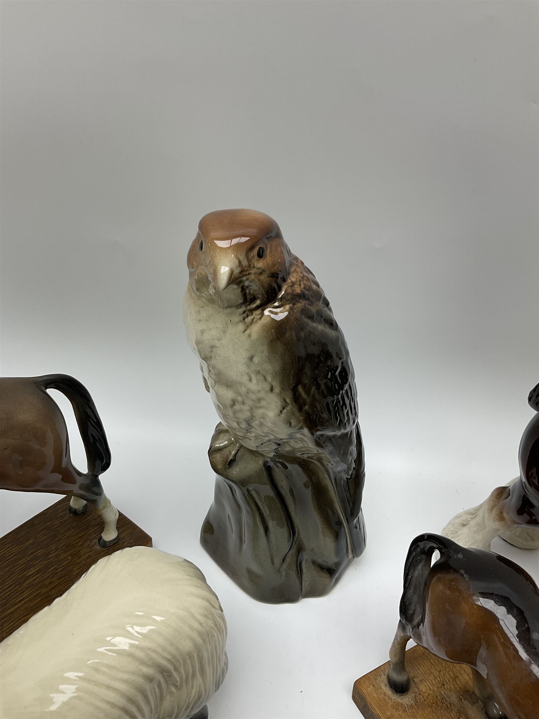 Beswick pigeon no 1383 and a collection of other ceramic animal figures including Campsie Ware lustre budgies, Kowa red fox and Labrador, two shire ponies, two sheep, etc 