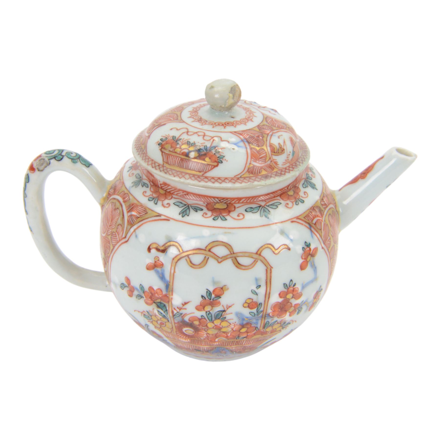 Amsterdam bont teapot, decorated with a basket of flowers, together with two Amsterdam bont saucers of similar design and five other saucers  