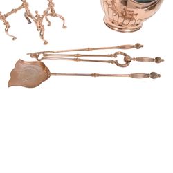 Victorian copper coal bucket, of oval part fluted form with twin handles, H32cm, together with copper fireside accessories