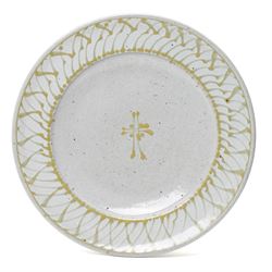 David Frith (1943-): Large charger, decorated with green glaze on a light blue ground, unm...