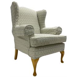 Multi-York - hardwood framed wingback armchair, upholstered pale blue lozenge pattern fabric, on light beech cabriole feet - 6 months old