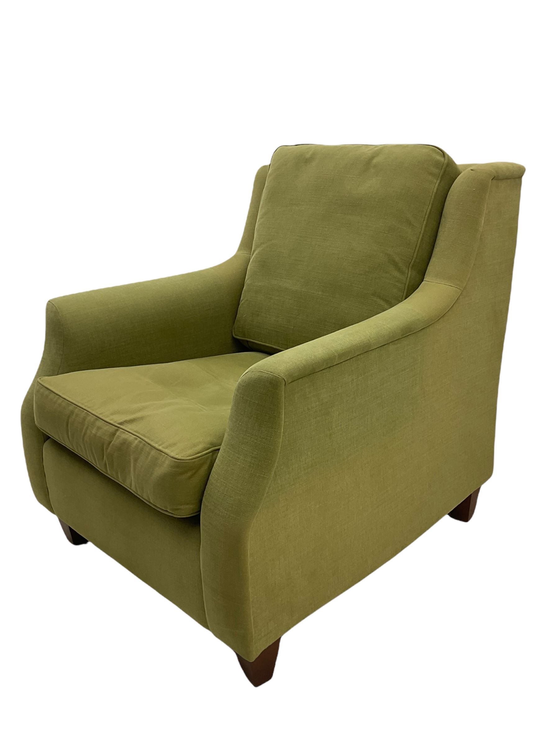 Wesley-Barrell two seat sofa and pair of matching armchairs, upholstered in sage linen fabric