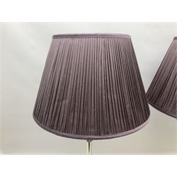 Pair of modern chromed lamps, with pleated purple fabric shades, H67cm