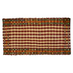 Southwest Persian Jajim kilim, flatwoven wool in a checked pattern of cream and red stripe...