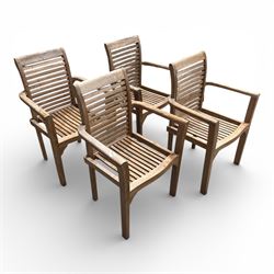 Set of four teak high back slatted garden chairs