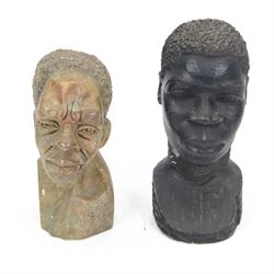 Hand carved soap stone African bust, together with a hardwood bust, stone bust H20cm 