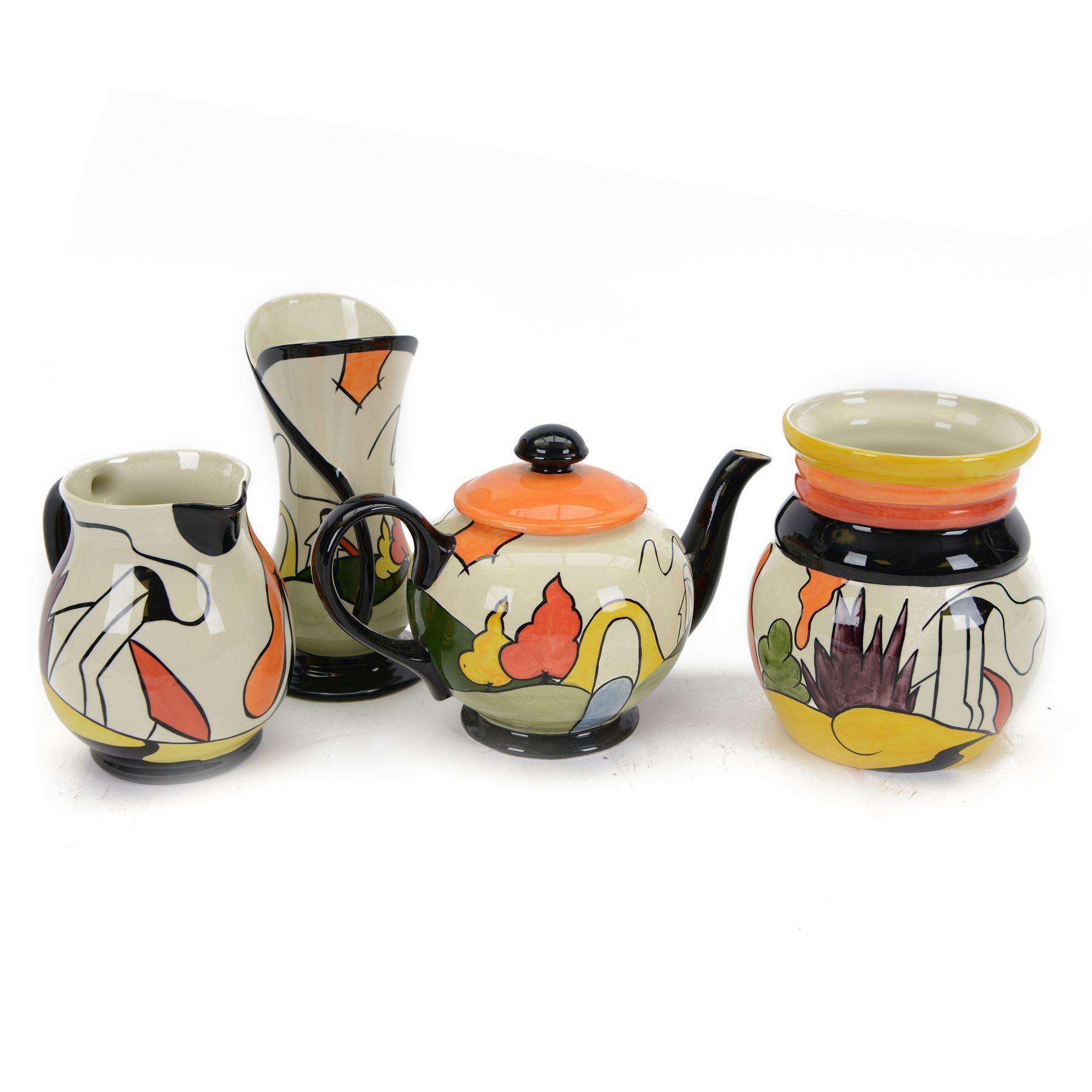 Lorna Bailey for Old Ellgreave Pottery twin handled vase and teapot, decorated in the ‘Bridge and Stream’ pattern, together with a vase and jug, decorated in the ‘House and Path’ pattern, tallest H21.5cm (4)